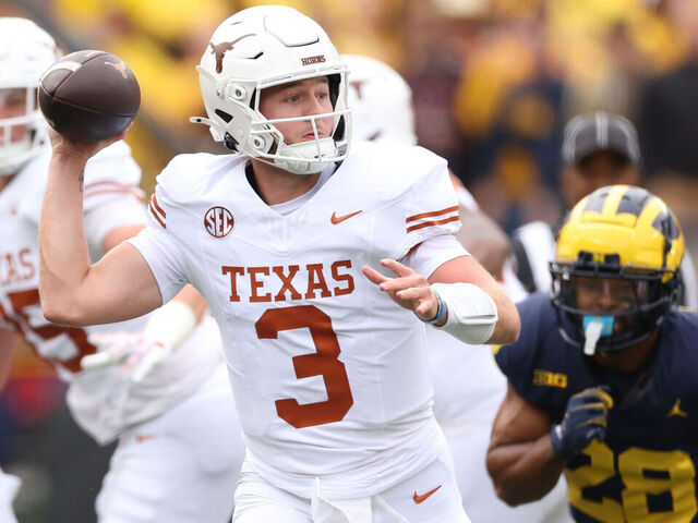 ANN ARBOR, MICHIGAN - SEPTEMBER 07: Quinn Ewers #3 of the Texas Longhorns looks to pass during the first quarter against the Michigan Wolverines at Michigan Stadium on September 07, 2024 in Ann Arbor, Michigan.
