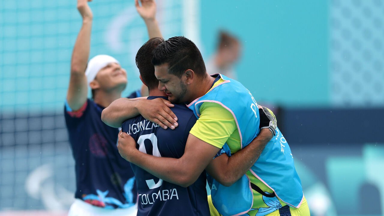 PARIS, FRANCE - SEPTEMBER 03: Jhon Eider Gonzalez Hernandez of Team Colombia celebrates with guide Jonathan Ramirez Mendoza after victory over Morocco in the Men's Preliminary Round Group B Match 9 on day six of the Paris 2024 Summer Paralympic Games at Eiffel Tower Stadium on September 03, 2024 in Paris, France.