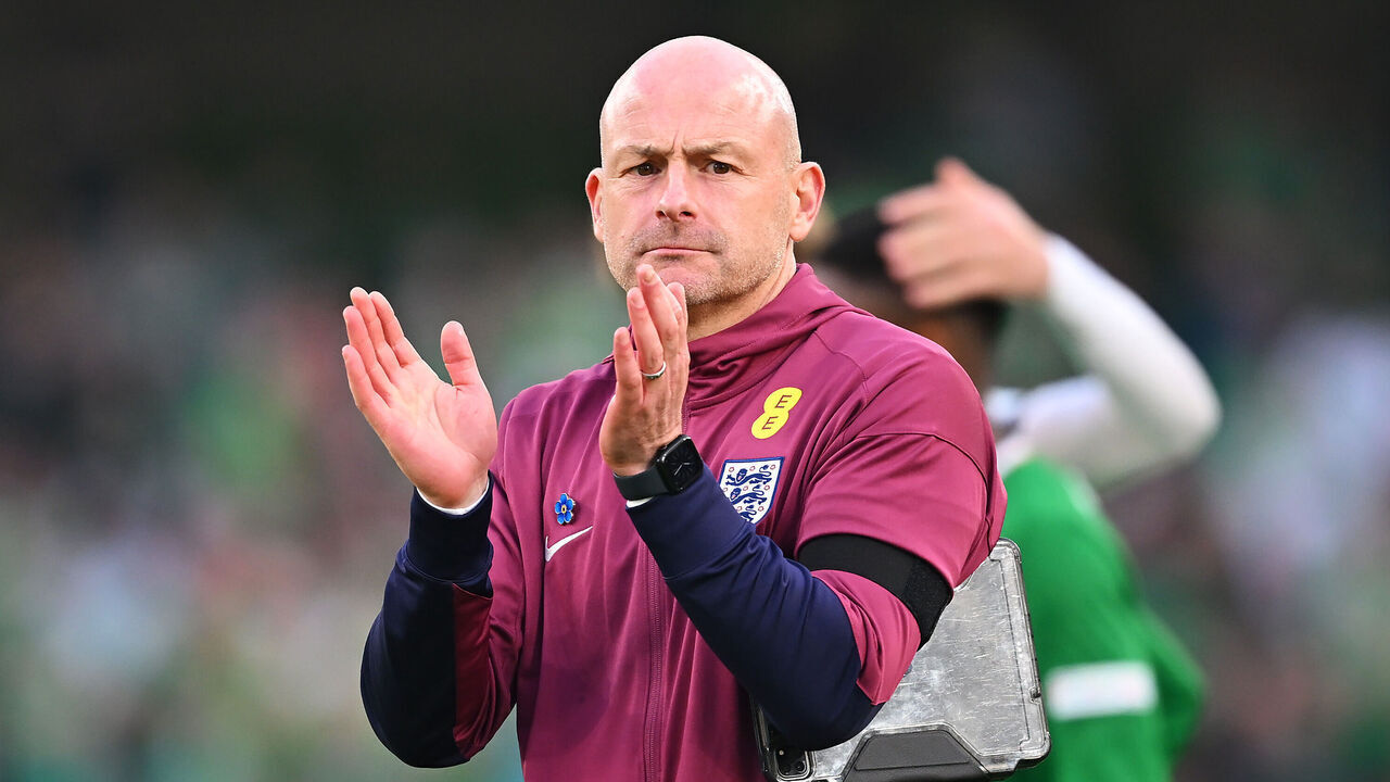 DUBLIN, IRELAND - SEPTEMBER 07: Lee Carsley, Interim Head Coach of England applauds the fans following the team's victory during the UEFA Nations League 2024/25 League B Group B2 match between Republic of Ireland and England at Aviva Stadium on September 07, 2024 in Dublin, Ireland.