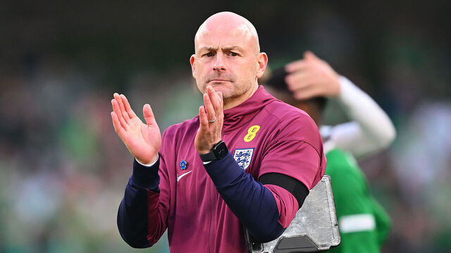 DUBLIN, IRELAND - SEPTEMBER 07: Lee Carsley, Interim Head Coach of England applauds the fans following the team's victory during the UEFA Nations League 2024/25 League B Group B2 match between Republic of Ireland and England at Aviva Stadium on September 07, 2024 in Dublin, Ireland.
