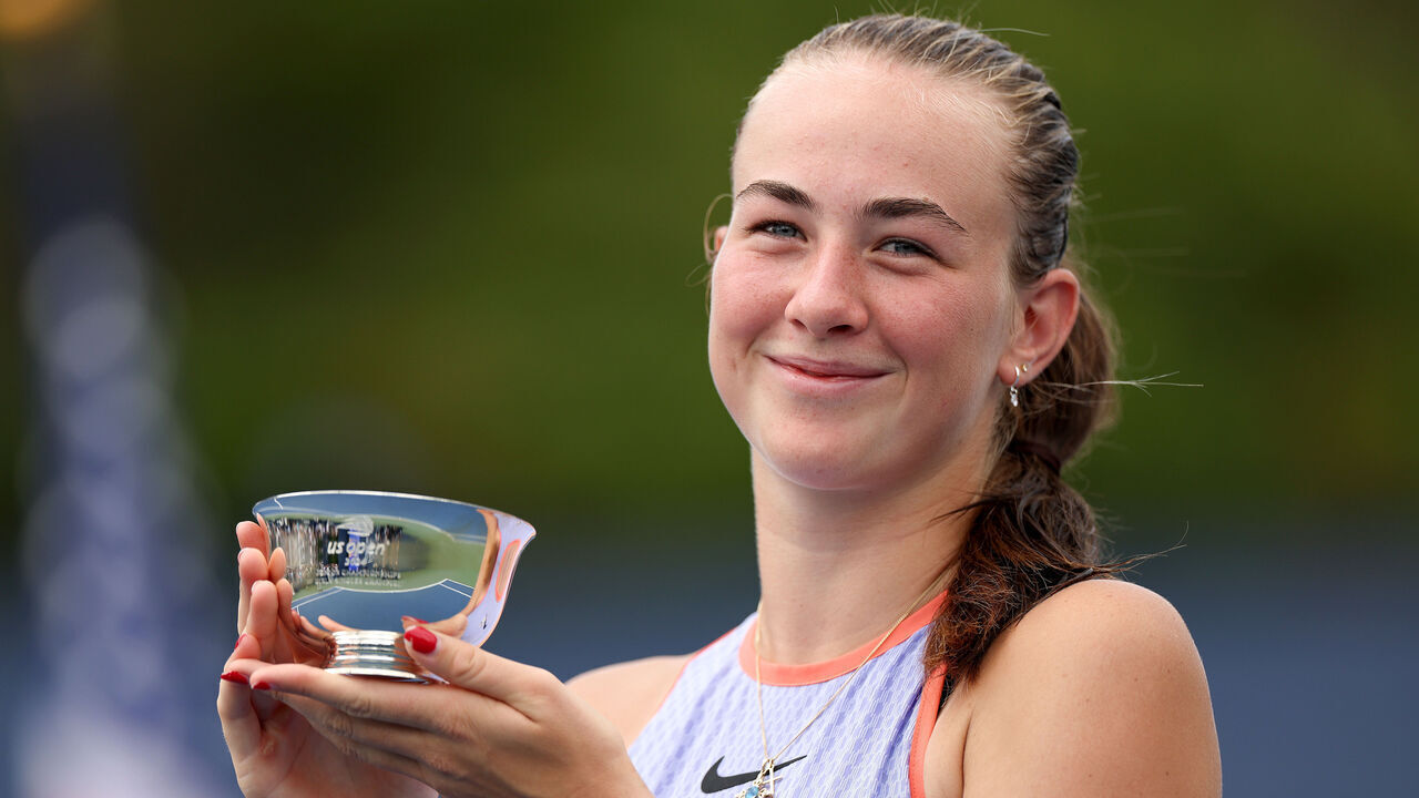 NEW YORK, NEW YORK - SEPTEMBER 07: Mika Stojsavljevic of Great Britain celebrates with her trophy after defeating Wakana Sonobe of Japan in their Junior Girls' Singles Final match on Day Thirteen of the 2024 US Open at USTA Billie Jean King National Tennis Center on September 07, 2024 in the Flushing neighborhood of the Queens borough of New York City.