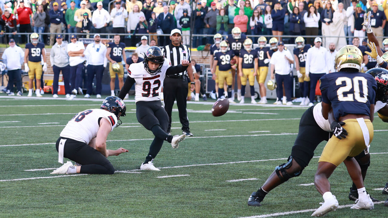 SOUTH BEND, IN - SEPTEMBER 07: Northern Illinois Huskies kicker Kanon Woodill (92) makes the winning field goal against the Notre Dame Fighting Irish on September 7, 2024, at Notre Dame Stadium in South Bend, Indiana.
