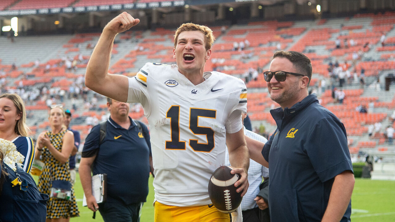 AUBURN, ALABAMA - SEPTEMBER 07: Quarterback Fernando Mendoza #15 of the California Golden Bears celebrates after defeating the Auburn Tigers at Jordan-Hare Stadium on September 07, 2024 in Auburn, Alabama.