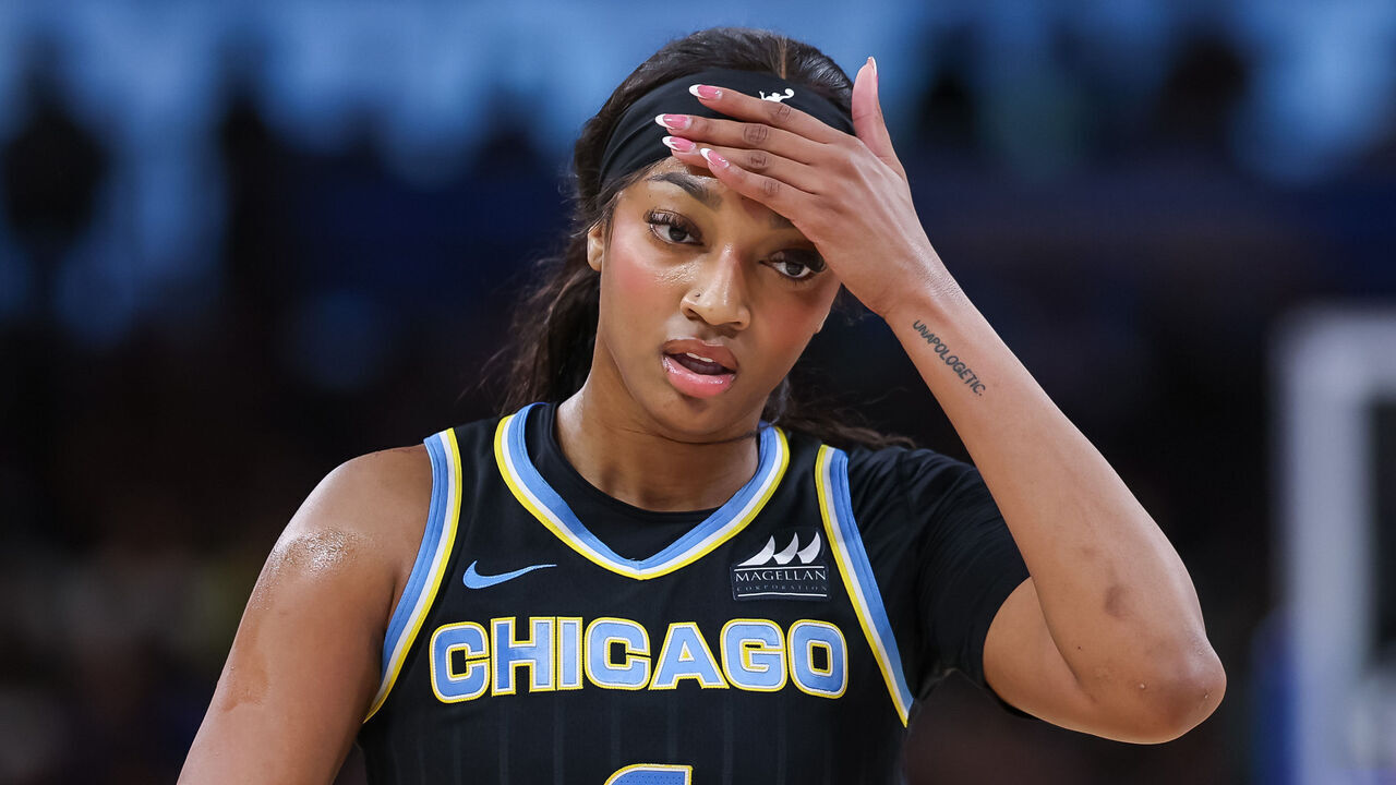 CHICAGO, ILLINOIS - AUGUST 30: Angel Reese #5 of the Chicago Sky reacts during the game against the Indiana Fever at Wintrust Arena on August 30, 2024 in Chicago, Illinois.