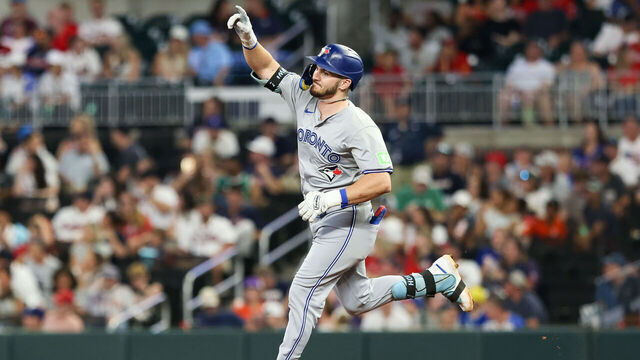 ATLANTA, GEORGIA - SEPTEMBER 7: Spencer Horwitz #48 of the Toronto Blue Jays celebrates after hitting his second solo home run of the game during the fourth inning against the Atlanta Braves at Truist Park on September 7, 2024 in Atlanta, Georgia.