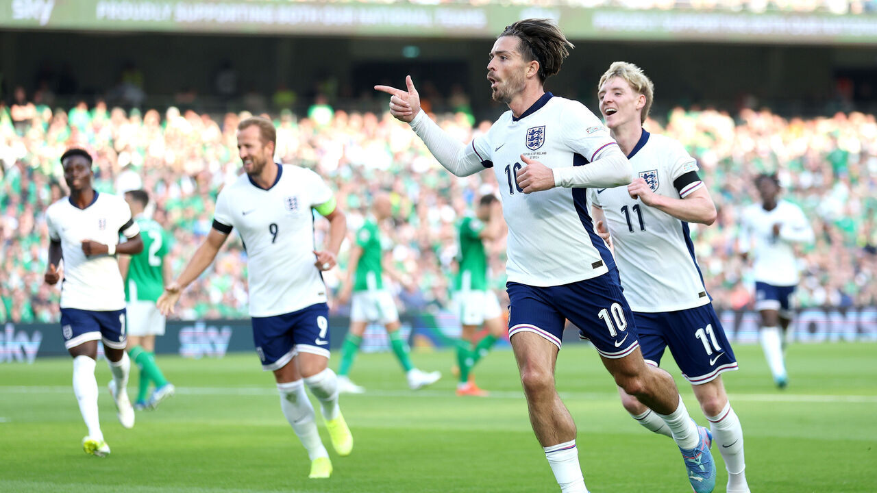 DUBLIN, IRELAND - SEPTEMBER 07: Jack Grealish of England celebrates scoring his team's second goal during the UEFA Nations League 2024/25 League B Group B2 match between Republic of Ireland and England at Aviva Stadium on September 07, 2024 in Dublin, Ireland.