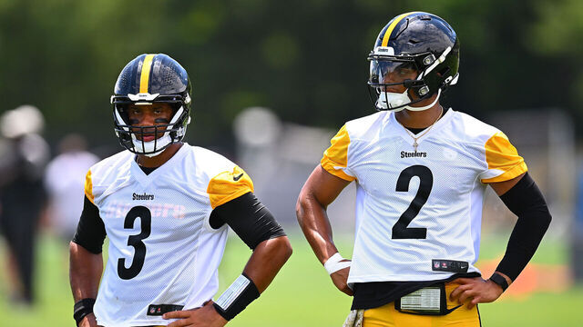 PITTSBURGH, PENNSYLVANIA - JUNE 6: Russell Wilson #3 looks on alongside Justin Fields #2 of the Pittsburgh Steelers during the Pittsburgh Steelers OTA offseason workout at UPMC Rooney Sports Complex on June 6 2024 in Pittsburgh, Pennsylvania.