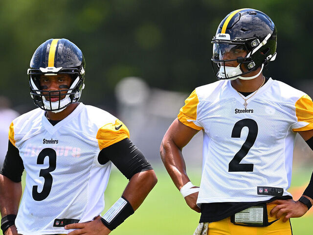 PITTSBURGH, PENNSYLVANIA - JUNE 6: Russell Wilson #3 looks on alongside Justin Fields #2 of the Pittsburgh Steelers during the Pittsburgh Steelers OTA offseason workout at UPMC Rooney Sports Complex on June 6 2024 in Pittsburgh, Pennsylvania.