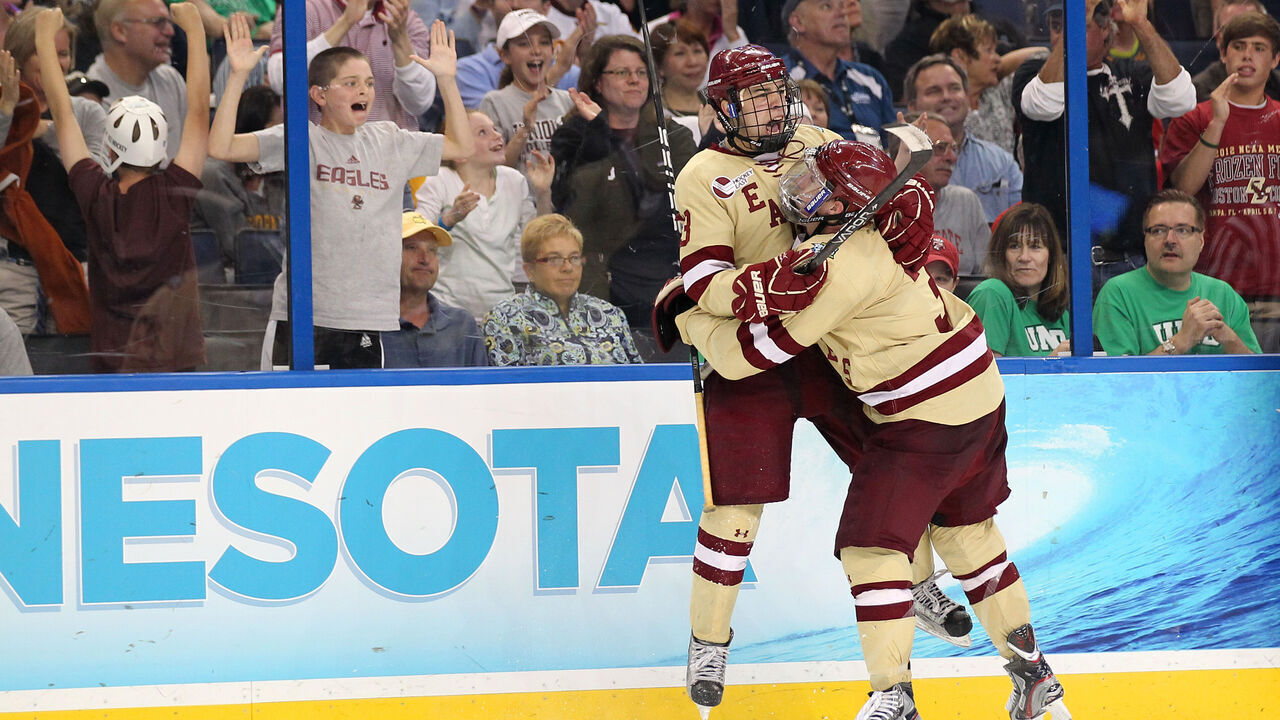 07 APR 2012: Johnny Gaudreau (13) of Boston College celebrates after scoring a goal against Ferris State University during the Division I Men's Ice Hockey Championship held at the Tampa Bay Times Forum in Tampa, FL. Boston College defeated Ferris State 4-1 to win the national title. Matt Marriott/NCAA Photos via Getty Images