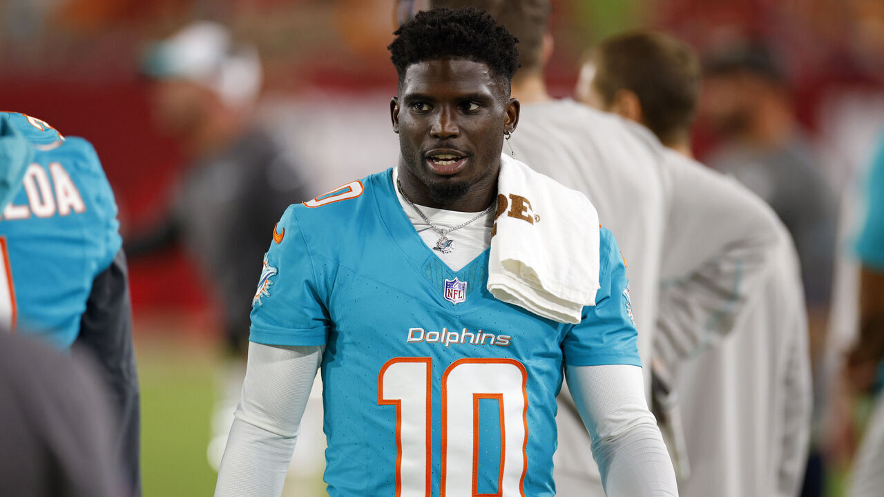 TAMPA, FLORIDA - AUGUST 23: Tyreek Hill #10 of the Miami Dolphins looks on during a preseason game against the Tampa Bay Buccaneers at Raymond James Stadium on August 23, 2024 in Tampa, Florida.