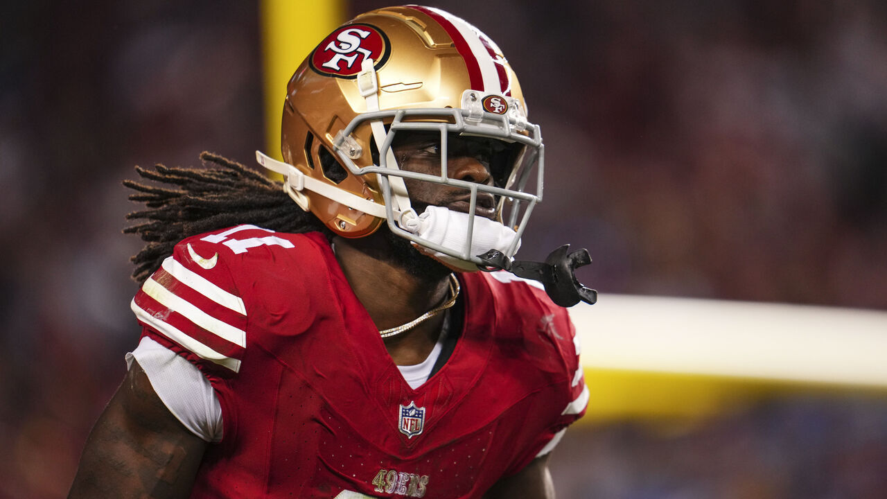 SANTA CLARA, CA - JANUARY 28: Brandon Aiyuk #11 of the San Francisco 49ers looks on from the field during the NFC Championship NFL football game against the Detroit Lions at Levi's Stadium on January 28, 2024 in Santa Clara, California.
