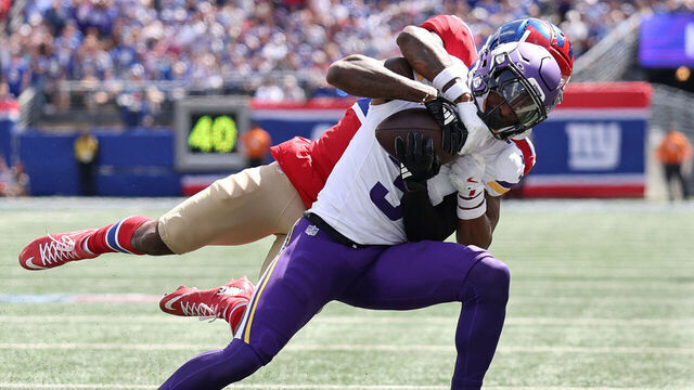 EAST RUTHERFORD, NEW JERSEY - SEPTEMBER 08: Jordan Addison #3 of the Minnesota Vikings is tackled with the ball in the second quarter of the game against the New York Giants at MetLife Stadium on September 08, 2024 in East Rutherford, New Jersey.
