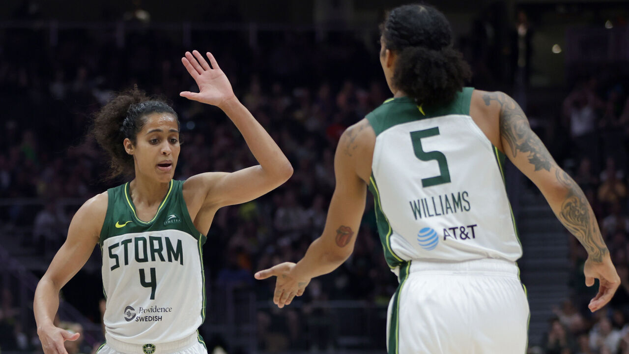 SEATTLE, WASHINGTON - SEPTEMBER 07: Skylar Diggins-Smith #4 of the Seattle Storm reacts during the second half of a basketball game against the Phoenix Mercury at Climate Pledge Arena on September 07, 2024 in Seattle, Washington.