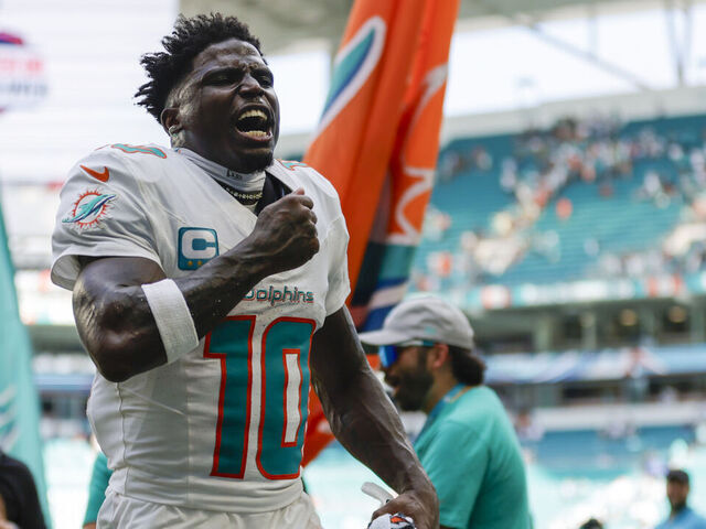 MIAMI GARDENS, FL - SEPTEMBER 08: Miami Dolphins wide receiver Tyreek Hill (10) reacts after the game between the Jacksonville Jaguars and the Miami Dolphins on September 8, 2024 at Hard Rock Stadium in Maimi Gardens, Fl.