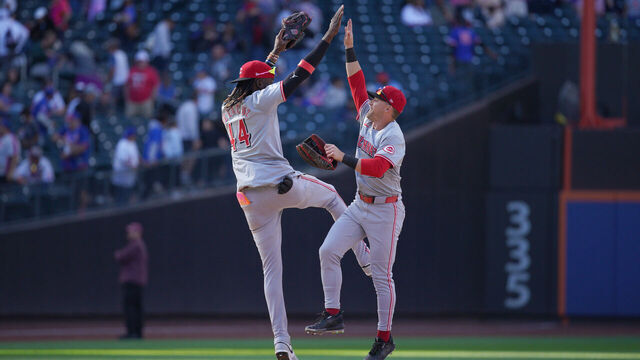 NEW YORK, NEW YORK - SEPTEMBER 08: Elly De La Cruz #44 and TJ Friedl #29 of the Cincinnati Reds celebrate after the final out during the bottom of the ninth inning against the New York Mets at Citi Field on September 08, 2024 in New York City.