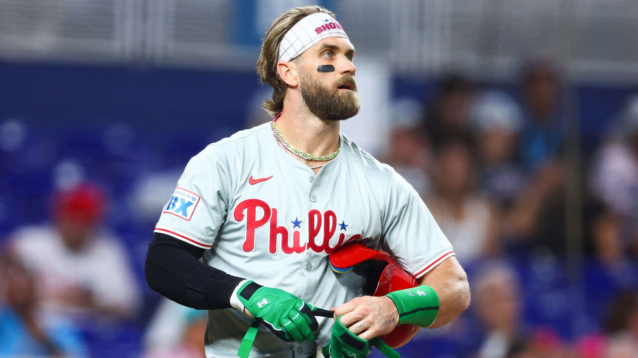 MIAMI, FLORIDA - SEPTEMBER 06: Bryce Harper #3 of the Philadelphia Phillies reacts against the Miami Marlins during the sixth inning of the game at loanDepot park on September 06, 2024 in Miami, Florida.