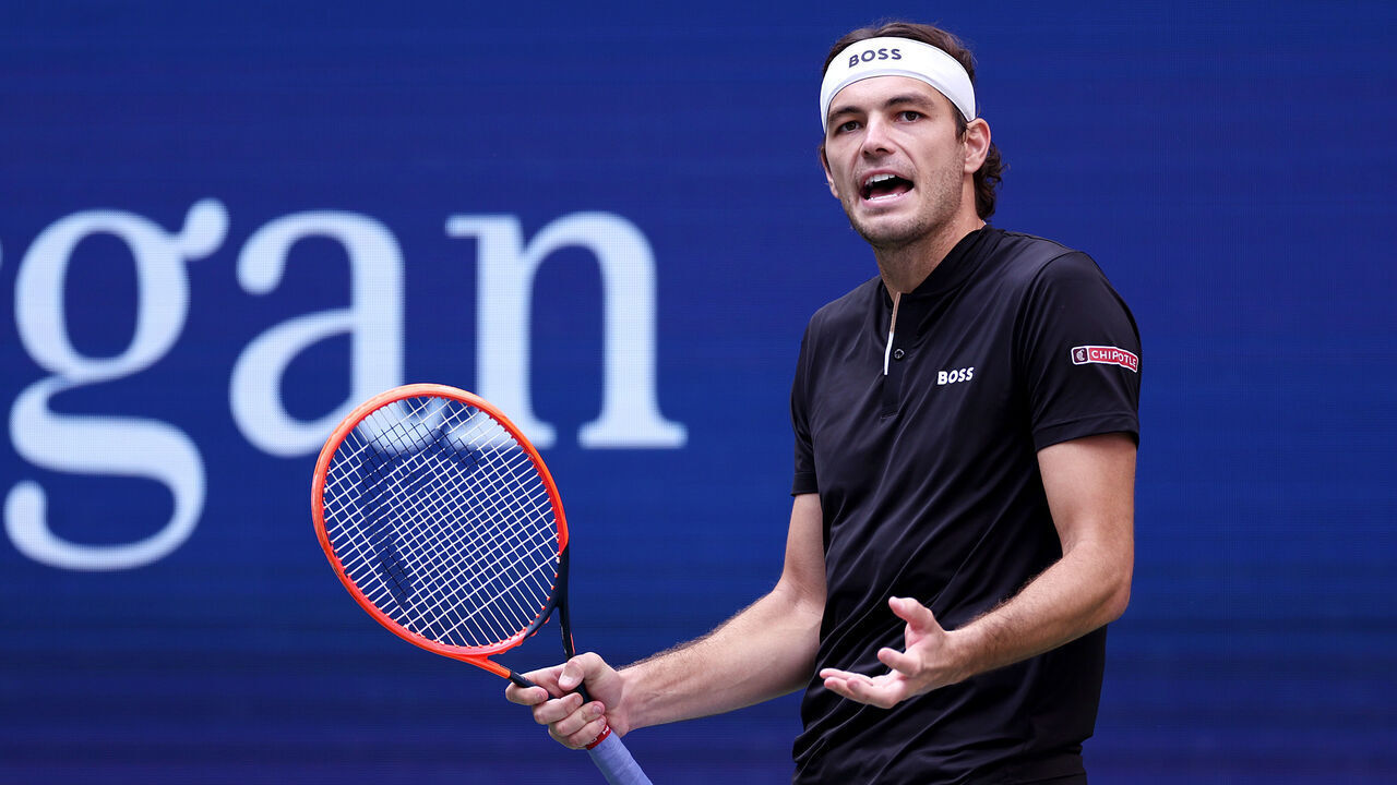 NEW YORK, NEW YORK - SEPTEMBER 08: Taylor Fritz of the United States reacts after a point against Jannik Sinner of Italy during their Men's Singles Final match on Day Fourteen of the 2024 US Open at USTA Billie Jean King National Tennis Center on September 08, 2024 in the Flushing neighborhood of the Queens borough of New York City.