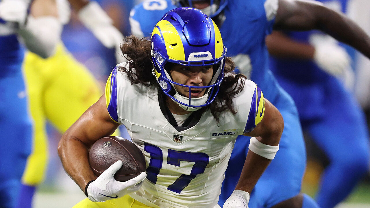 DETROIT, MICHIGAN - SEPTEMBER 08: Puka Nacua #17 of the Los Angeles Rams runs after a catch against the Detroit Lions at Ford Field on September 08, 2024 in Detroit, Michigan.