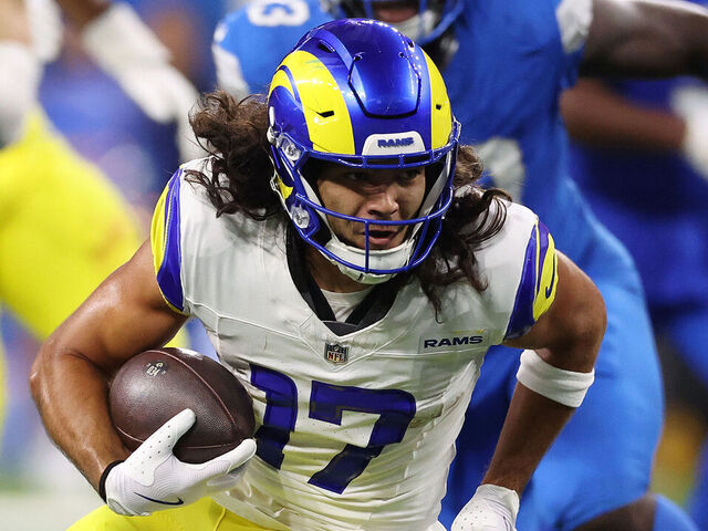 DETROIT, MICHIGAN - SEPTEMBER 08: Puka Nacua #17 of the Los Angeles Rams runs after a catch against the Detroit Lions at Ford Field on September 08, 2024 in Detroit, Michigan.