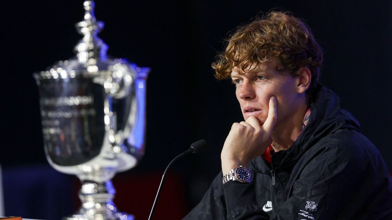 NEW YORK, NEW YORK - SEPTEMBER 08: Jannik Sinner of Italy speaks to the press after defeating Taylor Fritz of the United States to win the Men's Singles Final on Day Fourteen of the 2024 US Open at USTA Billie Jean King National Tennis Center on September 08, 2024 in the Flushing neighborhood of the Queens borough of New York City.