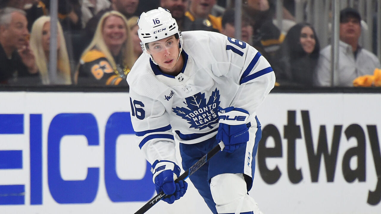 BOSTON, MASSACHUSETTS - MAY 4: Mitch Marner #16 of the Toronto Maple Leafs skates with the puck against the Boston Bruins in Game Seven of the First Round of the 2024 Stanley Cup Playoffs at the TD Garden on May 4, 2024 in Boston, Massachusetts.