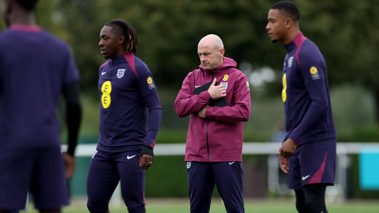 ENFIELD, ENGLAND - SEPTEMBER 09: Lee Carsley, Interim Manager of England, looks on during a training session at Tottenham Hotspur Training Centre on September 09, 2024 in Enfield, England.
