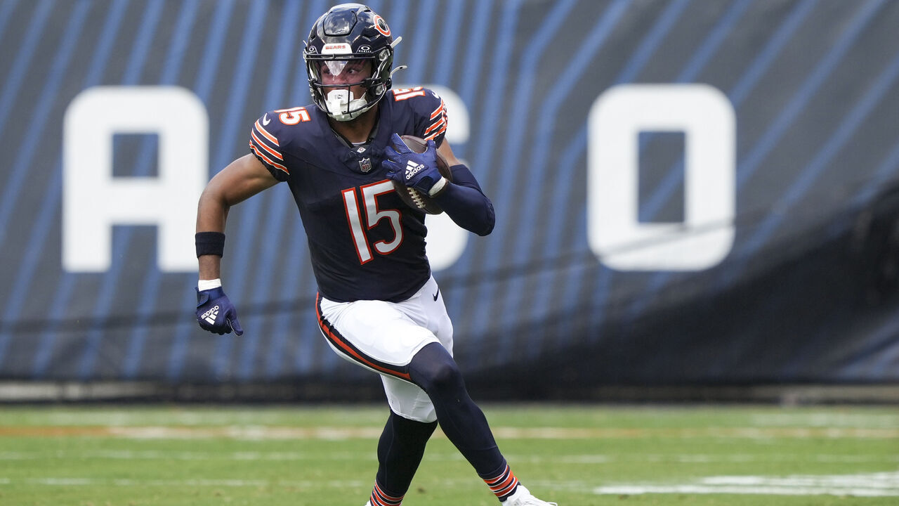CHICAGO, IN - AUGUST 17: Rome Odunze #15 of the Chicago Bears runs a route during the second quarter of an NFL preseason football game against the Cincinnati Bengals, at Soldier Field on August 17, 2024 in Chicago, Illinois.