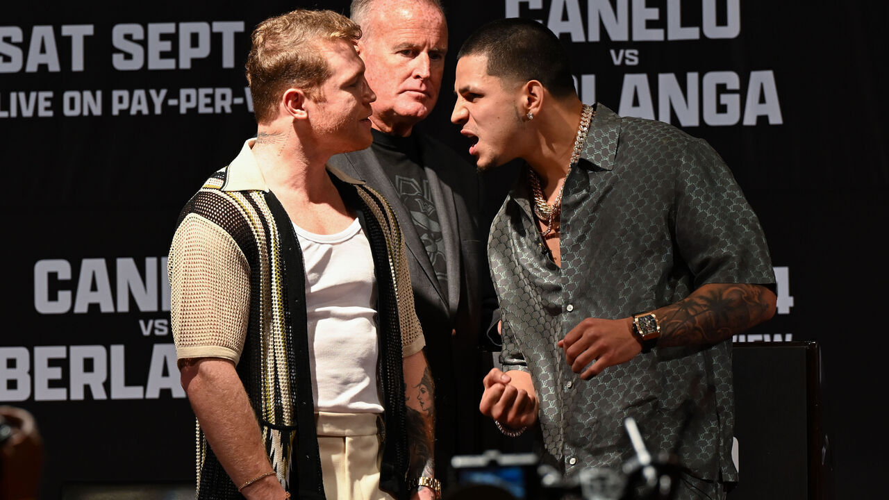 BEVERLY HILLS, CALIFORNIA - AUGUST 6: Canelo Alvarez (L) and Edgar Berlanga (R) show up at the press conference before their match in Las Vegas on September 14, in Beverly Hills of Los Angeles, California, United States on August 6, 2024.