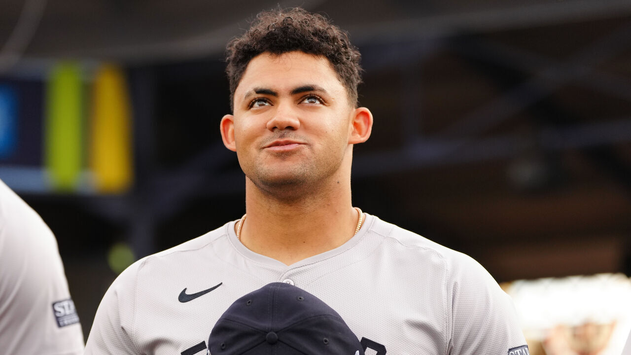 WILLIAMSPORT , PA - AUGUST 18: Jasson Domínguez #89 of the New York Yankees looks on during the national anthem prior to the 2024 Little League Classic game between the New York Yankees and the Detroit Tigers at Journey Bank Ballpark at Historic Bowman Field on Sunday, August 18, 2024 in Williamsport , Pennsylvania.