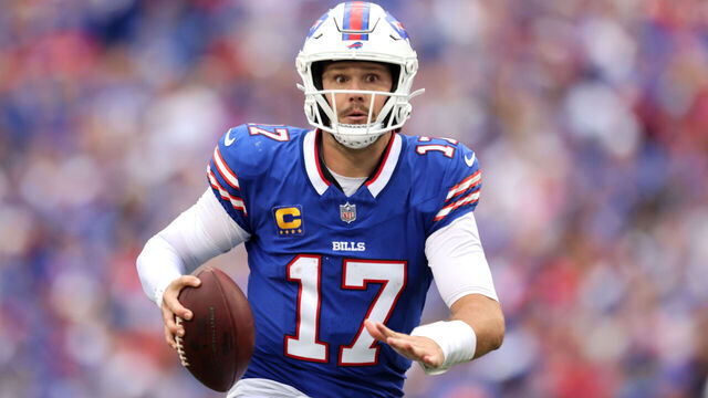 ORCHARD PARK, NEW YORK - SEPTEMBER 08: Josh Allen #17 of the Buffalo Bills scrambles for a touchdown during the fourth quarter against the Arizona Cardinals at Highmark Stadium on September 08, 2024 in Orchard Park, New York.