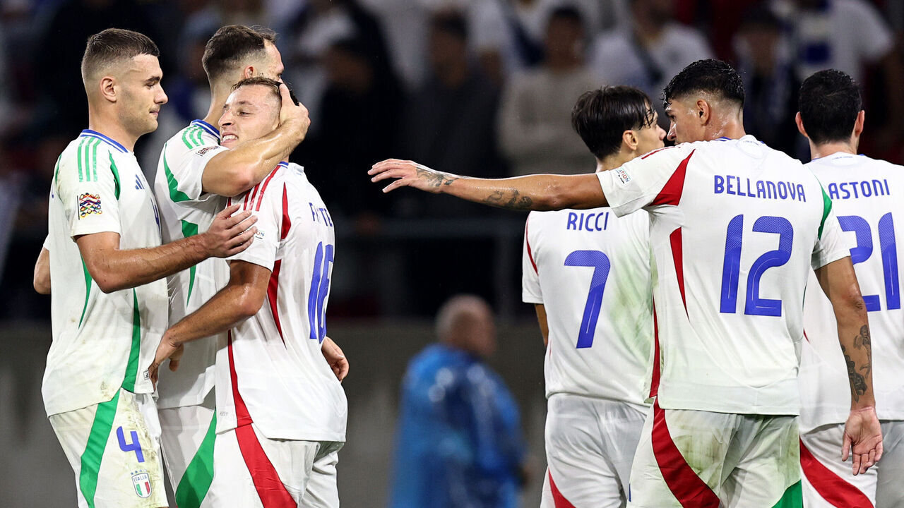 BUDAPEST, HUNGARY - SEPTEMBER 09: Davide Frattesi of Italy celebrates his goal during the UEFA Nations League 2024/25 League A Group A2 match between Israel and Italy at on September 09, 2024 in Budapest, Hungary.