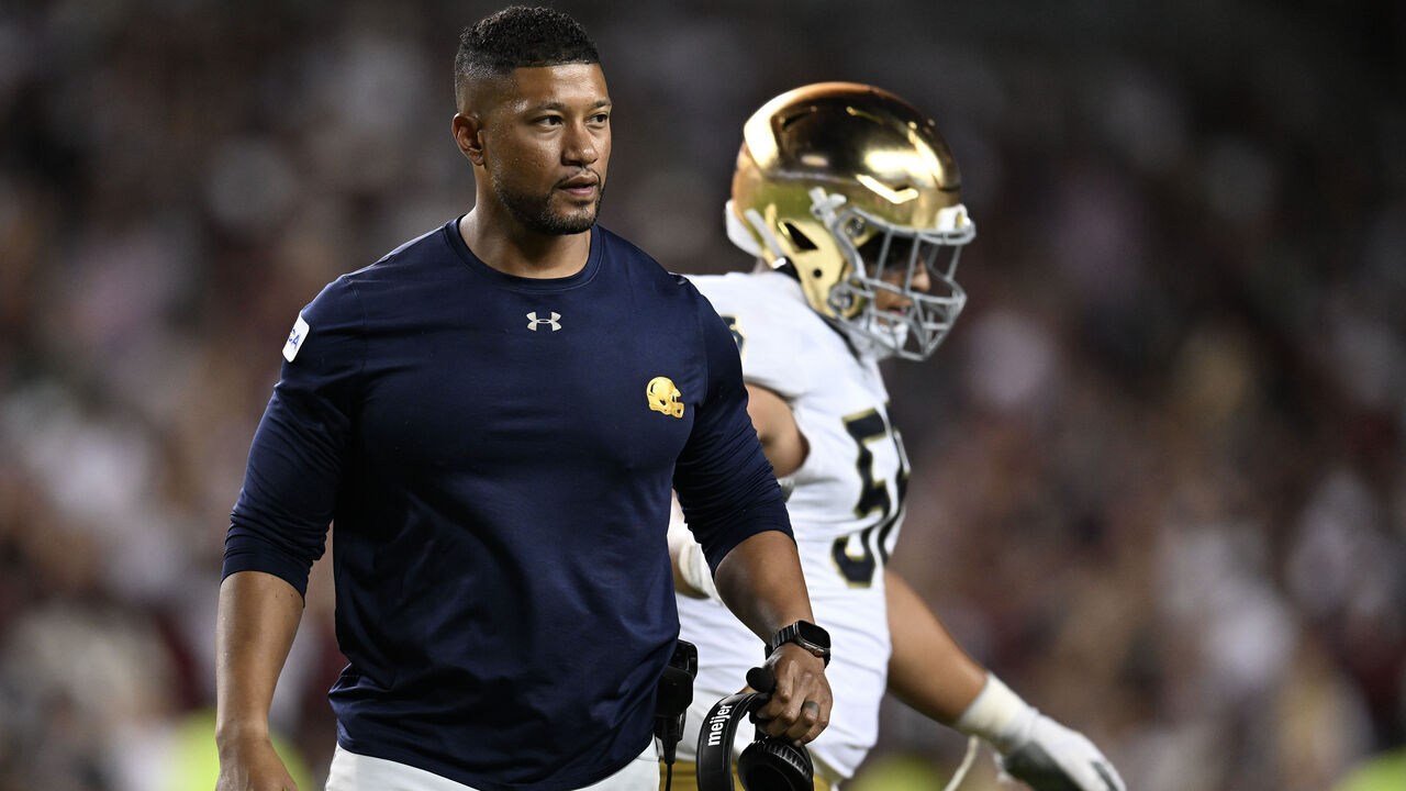 COLLEGE STATION, TEXAS - AUGUST 31: Head coach Marcus Freeman of the Notre Dame Fighting Irish looks on during the game against the Texas A&M Aggies in the fourth quarter at Kyle Field on August 31, 2024 in College Station, Texas.