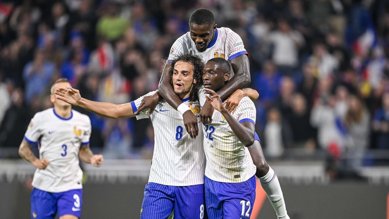 Lyon , France - September 9: Randal Kolo Muani of France celebrates after scoring his team's first goal with teammates during the UEFA Nations League 2024/2025 League A - Group 2 match between France and Belgium at Groupama-Stadion on September 9, 2024 in Lyon , France.