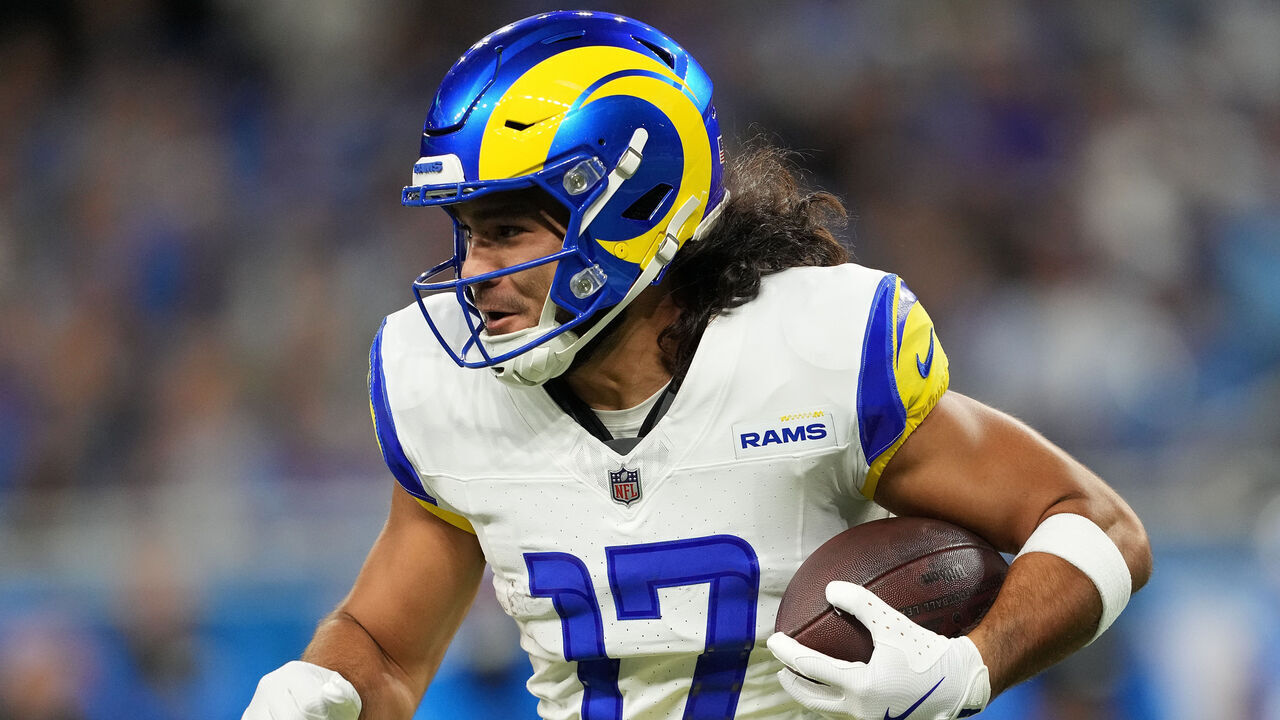 DETROIT, MICHIGAN - SEPTEMBER 08: Puka Nacua #17 of the Los Angeles Rams runs with the ball against the Detroit Lions at Ford Field on September 08, 2024 in Detroit, Michigan.