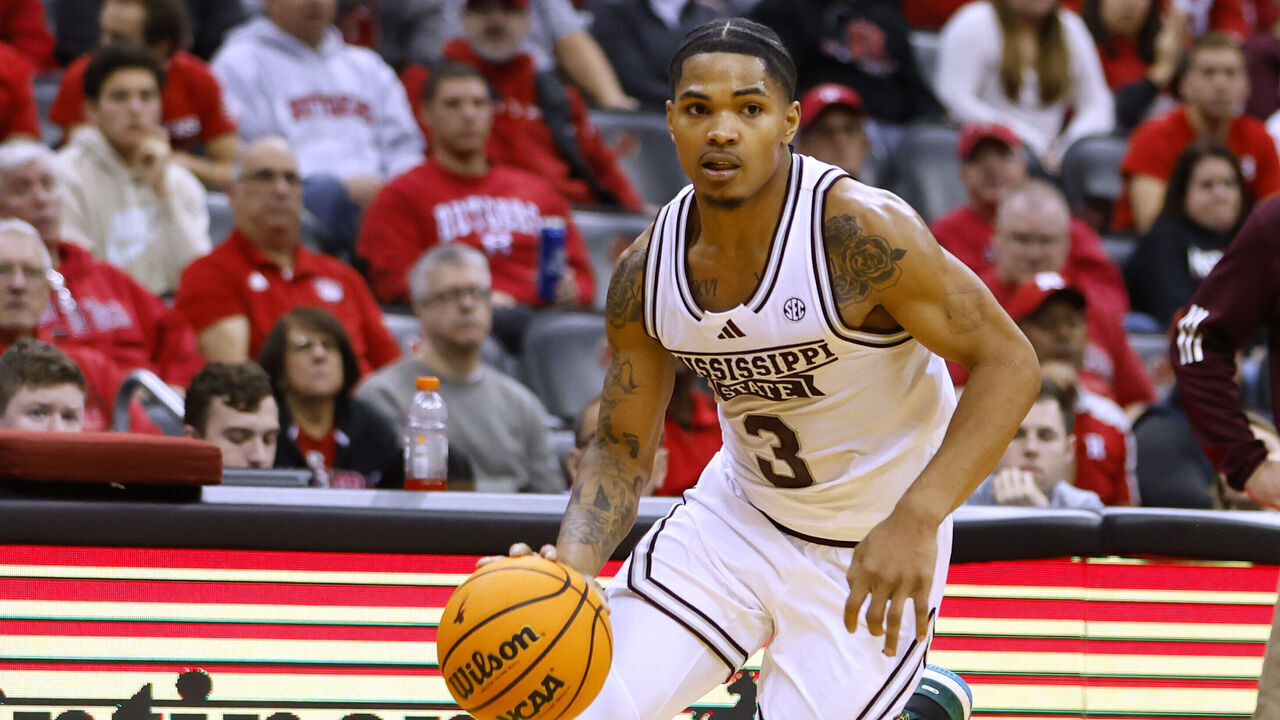 NEWARK, NEW JERSEY - DECEMBER 23: Shakeel Moore #3 of the Mississippi State Bulldogs in action against the Rutgers Scarlet Knights during a game in the Gotham Classic at Prudential Center on December 23, 2023 in Newark, New Jersey. Mississippi State defeated Rutgers 70-60.