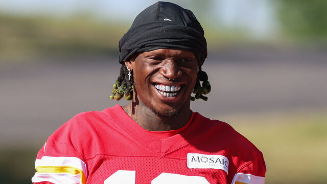 ST. JOSEPH, MO - AUGUST 02: Kansas City Chiefs wide receiver Kadarius Toney (19) smiles and shows off his teeth during training camp on August 2, 2024 at Missouri Western State University in St. Joseph, MO.