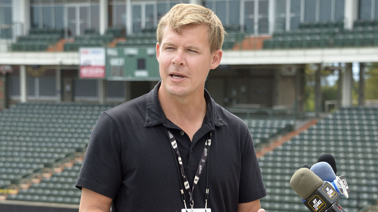 SCHAUMBURG, IL - JULY 30: Chicago White Sox Director of Player Development Chris Getz addresses the media while social distancing following an MLB taxi squad workout on July 30, 2020 at Boomers Stadium in Schaumburg, Illinois.