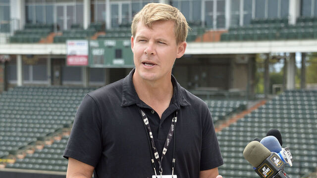 SCHAUMBURG, IL - JULY 30: Chicago White Sox Director of Player Development Chris Getz addresses the media while social distancing following an MLB taxi squad workout on July 30, 2020 at Boomers Stadium in Schaumburg, Illinois.