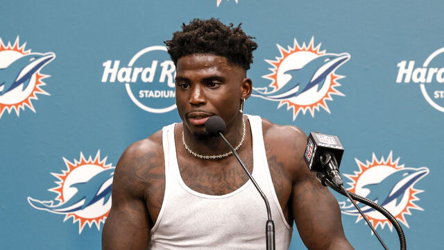 MIAMI GARDENS, FL - SEPTEMBER 8: Wide Receiver Tyreek Hill #10 of the Miami Dolphins addresses the media during the post-game press conference after playing the Jacksonville Jaguars at Hard Rock Stadium on September 8, 2024 in Miami Gardens, Florida. Hill was handcuffed and placed facedown on a street by police officers after he was stopped for a traffic violation near Hard Rock Stadium just hours before his team was to open the 2024 football season. The Dolphins defeated the Jaguars 20-17.