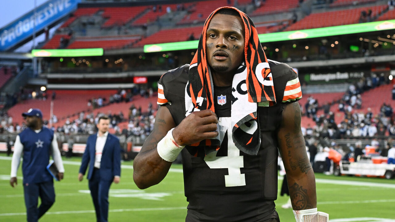 CLEVELAND, OHIO - SEPTEMBER 08: Deshaun Watson #4 of the Cleveland Browns looks on after the game against the Dallas Cowboys at Cleveland Browns Stadium on September 08, 2024 in Cleveland, Ohio. The Cowboys defeated the Browns 33-17.