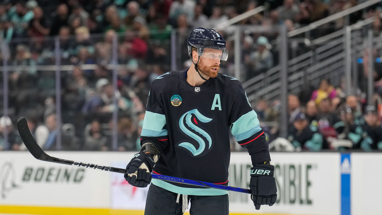 SEATTLE, WASHINGTON - APRIL 09: Adam Larsson #6 of the Seattle Kraken looks on during the first period of a game against the Arizona Coyotes at Climate Pledge Arena on April 09, 2024 in Seattle, Washington.