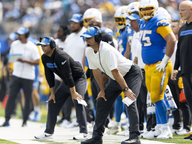 INGLEWOOD, CALIFORNIA - SEPTEMBER 08: Head coach Jim Harbaugh of the Los Angeles Chargers looks on during an NFL football game between the Los Angeles Chargers and the Las Vegas Raiders at SoFi Stadium on September 08, 2024 in Inglewood, California.