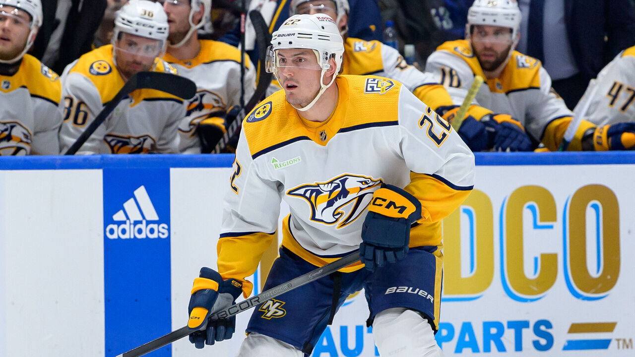 VANCOUVER, CANADA - APRIL 30: Tyson Barrie #22 of the Nashville Predators skates during the second period in Game Five of the First Round of the 2024 Stanley Cup Playoffs ""at Rogers Arena on April 30, 2024 in Vancouver, British Columbia, Canada.