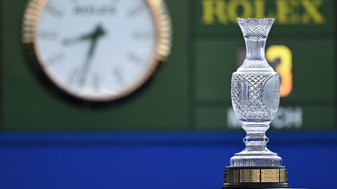 CASARES, SPAIN - SEPTEMBER 22: A detailed view of the trophy on the first tee on Day One of The Solheim Cup at Finca Cortesin Golf Club on September 22, 2023 in Casares, Spain.