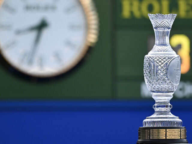 CASARES, SPAIN - SEPTEMBER 22: A detailed view of the trophy on the first tee on Day One of The Solheim Cup at Finca Cortesin Golf Club on September 22, 2023 in Casares, Spain.