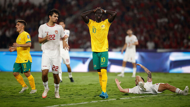 JAKARTA, INDONESIA - SEPTEMBER 10: Awer Mabil of Australia reacts during the FIFA World Cup Asian 3rd Qualifier Group C match between Indonesia and Australia at Gelora Bung Karno Stadium on September 10, 2024 in Jakarta, Indonesia.