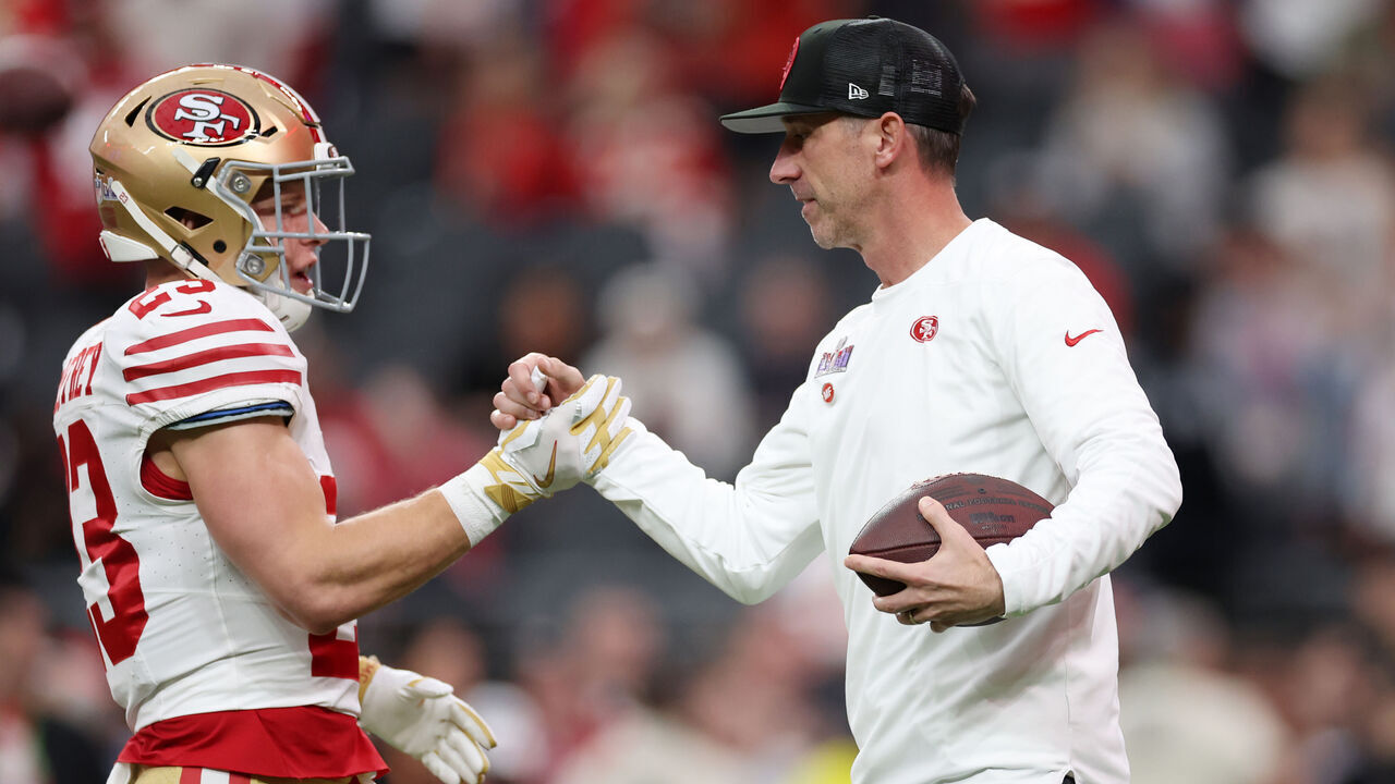 LAS VEGAS, NEVADA - FEBRUARY 11: Head coach Kyle Shanahan of the San Francisco 49ers interacts with Christian McCaffrey #23 prior to Super Bowl LVIII against the Kansas City Chiefs at Allegiant Stadium on February 11, 2024 in Las Vegas, Nevada.