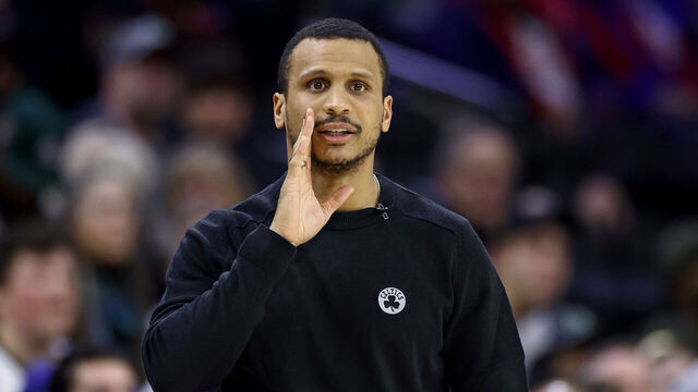 PHILADELPHIA, PENNSYLVANIA - NOVEMBER 15: Head coach Joe Mazzulla of the Boston Celtics reacts during the first quarter against the Philadelphia 76ers at the Wells Fargo Center on November 15, 2023 in Philadelphia, Pennsylvania.