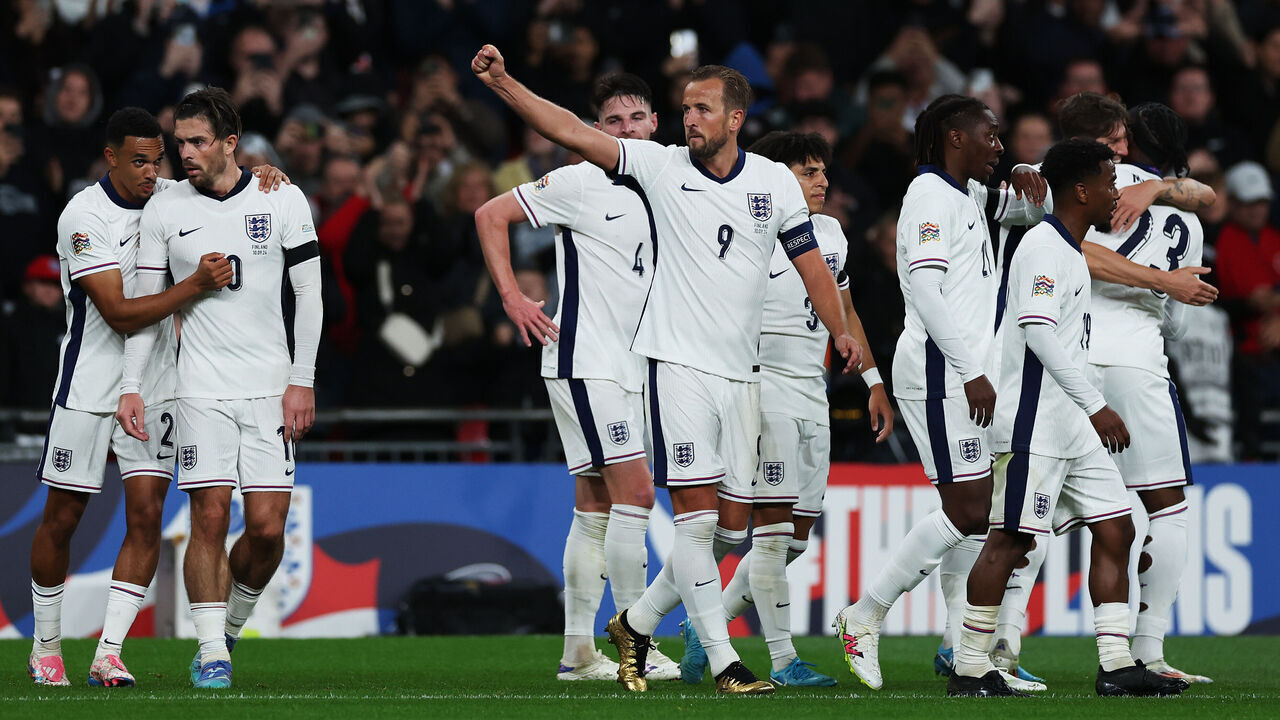 LONDON, ENGLAND - SEPTEMBER 10: Harry Kane of England celebrates with teammates after scoring his team's second goal during the UEFA Nations League 2024/25 League B Group B2 match between England and Finland at Wembley Stadium on September 10, 2024 in London, England.