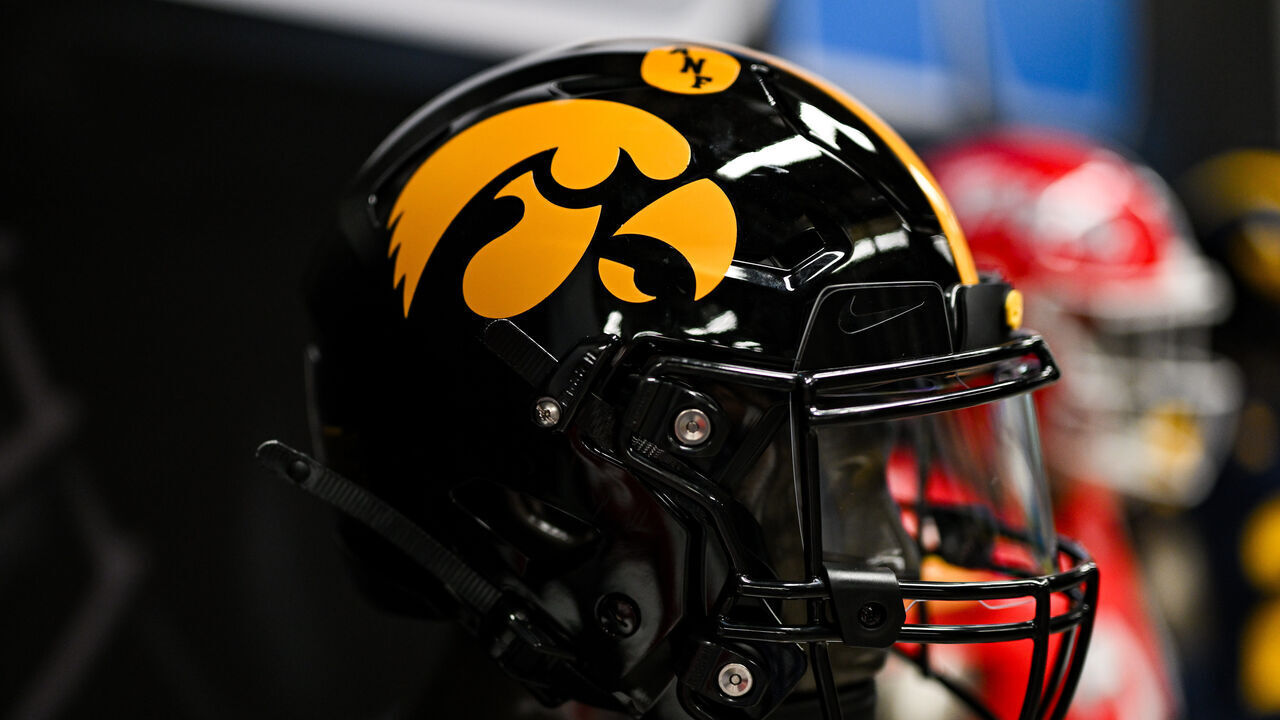 INDIANAPOLIS, IN - JULY 24: The Iowa Hawkeyes helmet displayed during 2024 Big Ten Media Days on July 24, 2024 at Lucas Oil Stadium in Indianapolis, IN.